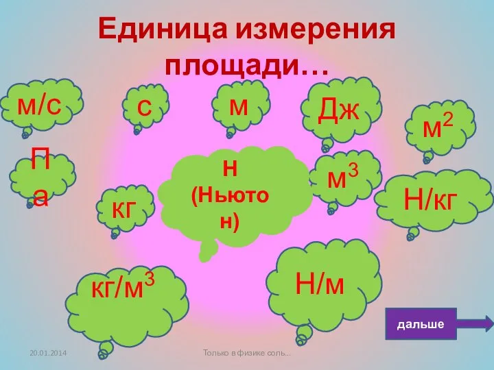 Единица измерения площади… Па м3 Н/кг c м Дж м/c кг