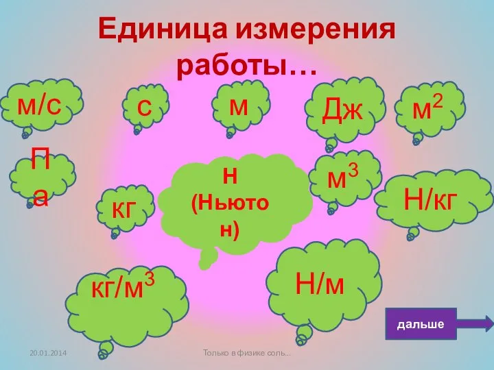 Единица измерения работы… Па м3 Н/кг c м Дж м/c кг