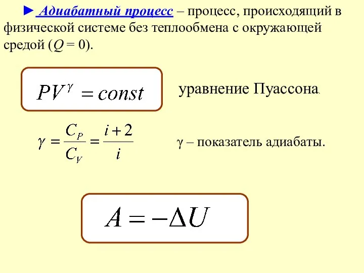 ► Адиабатный процесс – процесс, происходящий в физической системе без теплообмена