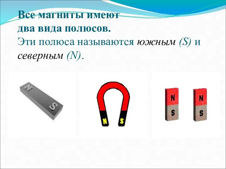 Все магниты имеют два вида полюсов. Эти полюса называются южным (S) и северным (N).