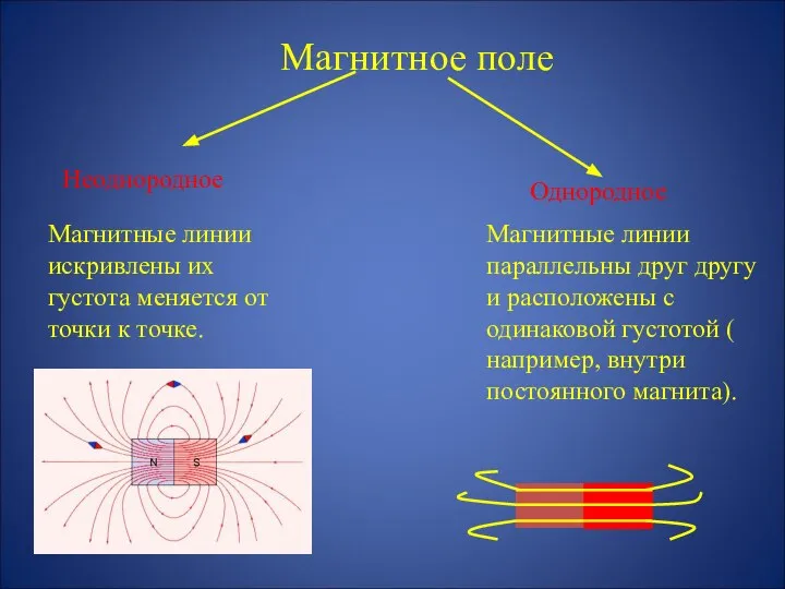 Магнитное поле Неоднородное Однородное Магнитные линии искривлены их густота меняется от