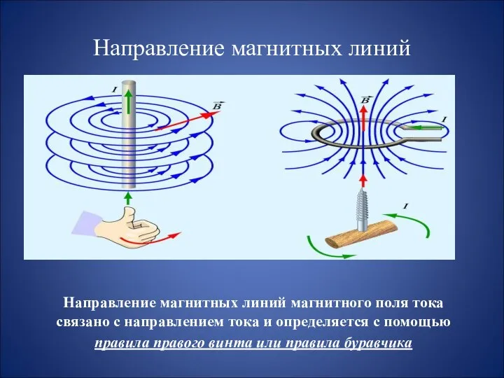 Направление магнитных линий Направление магнитных линий магнитного поля тока связано с