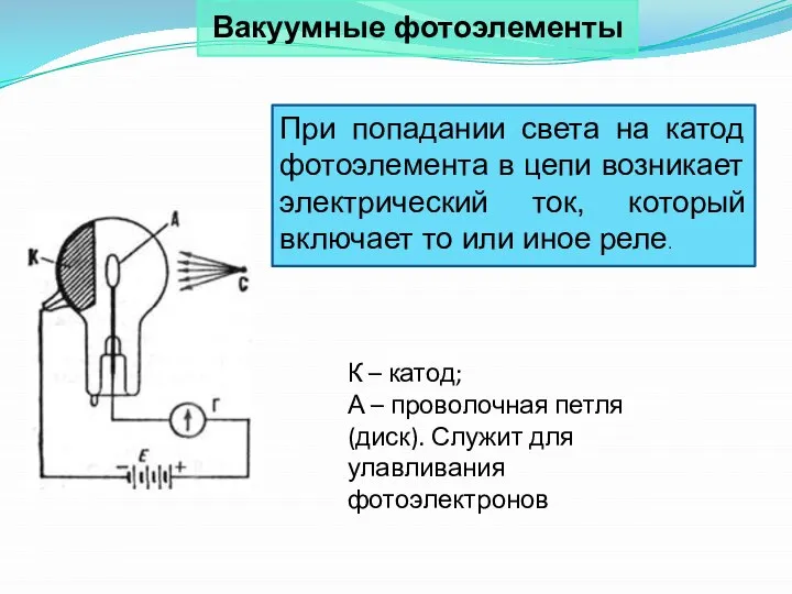 К – катод; А – проволочная петля (диск). Служит для улавливания