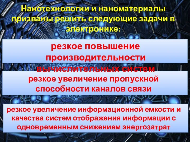 Нанотехнологии и наноматериалы призваны решить следующие задачи в электронике: резкое повышение