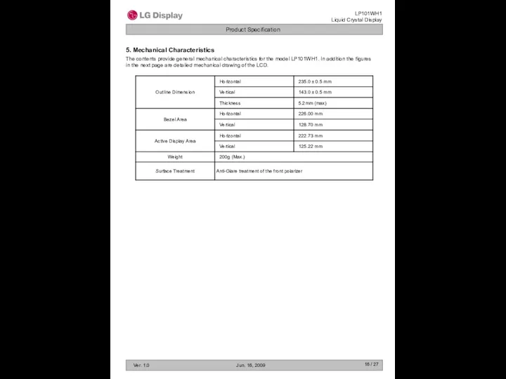 / 27 5. Mechanical Characteristics The contents provide general mechanical characteristics