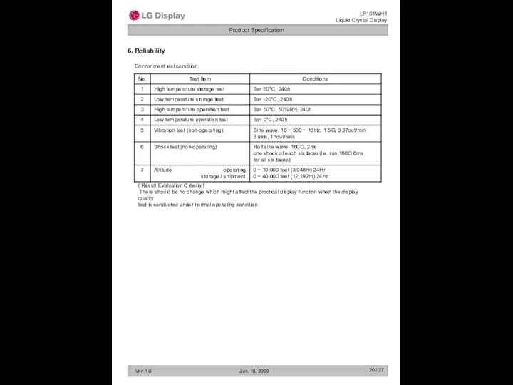 / 27 6. Reliability Environment test condition { Result Evaluation Criteria