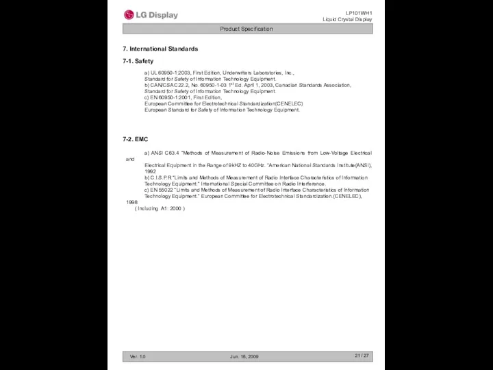 / 27 7. International Standards 7-1. Safety 7-2. EMC a) ANSI