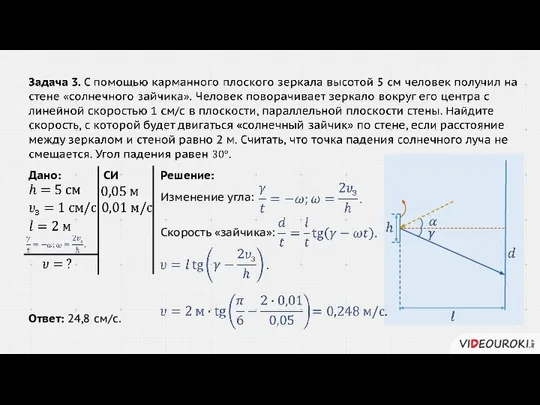 Решение: Изменение угла: Скорость «зайчика»: Ответ: 24,8 см/с. Дано: СИ