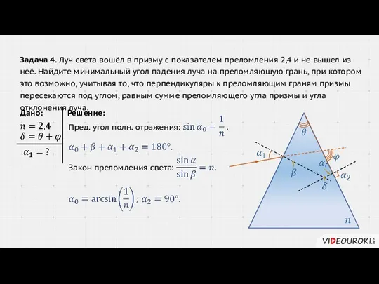 Решение: Дано: Пред. угол полн. отражения: Закон преломления света: Задача 4.