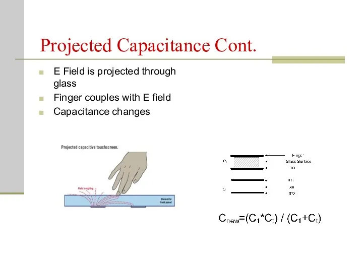Projected Capacitance Cont. E Field is projected through glass Finger couples with E field Capacitance changes