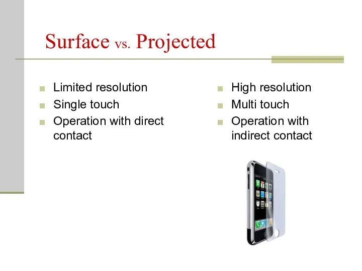 Surface vs. Projected Limited resolution Single touch Operation with direct contact