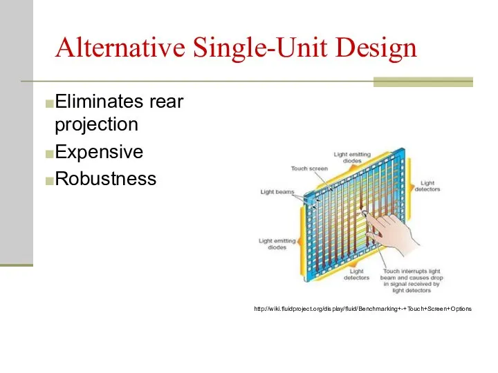 Alternative Single-Unit Design Eliminates rear projection Expensive Robustness http://wiki.fluidproject.org/display/fluid/Benchmarking+-+Touch+Screen+Options