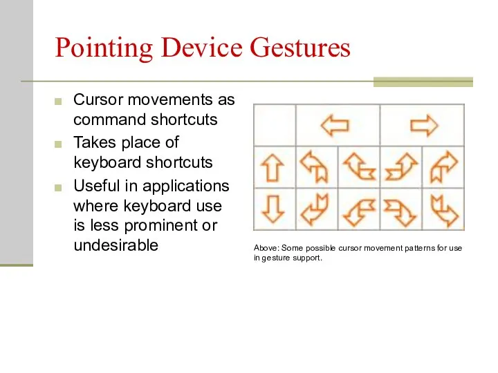 Pointing Device Gestures Cursor movements as command shortcuts Takes place of