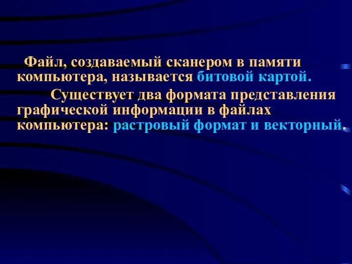 Файл, создаваемый сканером в памяти компьютера, называется битовой картой. Существует два