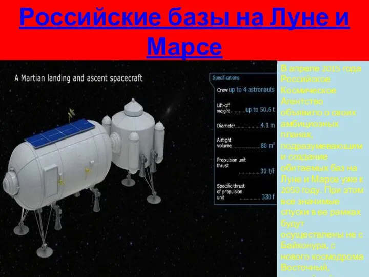 Российские базы на Луне и Марсе В апреле 2015 года Российское