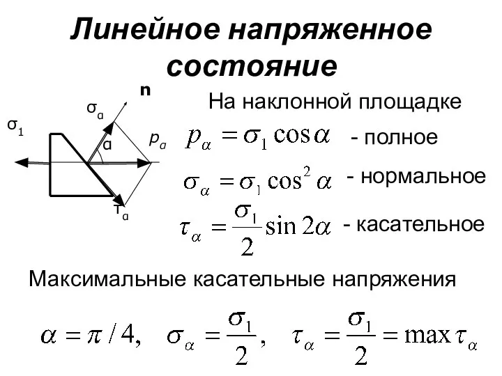 Линейное напряженное состояние На наклонной площадке pα - полное - нормальное - касательное Максимальные касательные напряжения