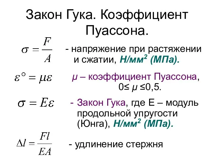 Закон Гука. Коэффициент Пуассона. - напряжение при растяжении и сжатии, Н/мм2