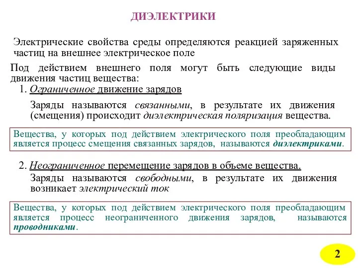 ДИЭЛЕКТРИКИ Электрические свойства среды определяются реакцией заряженных частиц на внешнее электрическое