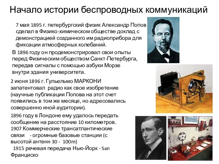 Начало истории беспроводных коммуникаций 7 мая 1895 г. петербургский физик Александр