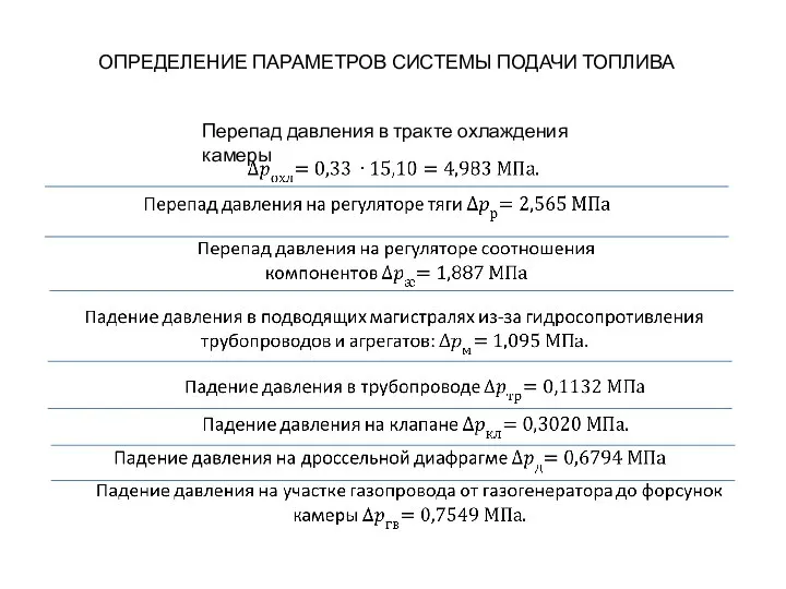 ОПРЕДЕЛЕНИЕ ПАРАМЕТРОВ СИСТЕМЫ ПОДАЧИ ТОПЛИВА Перепад давления в тракте охлаждения камеры