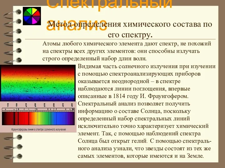 Спектральный анализ Метод определения химического состава по его спектру. Атомы любого