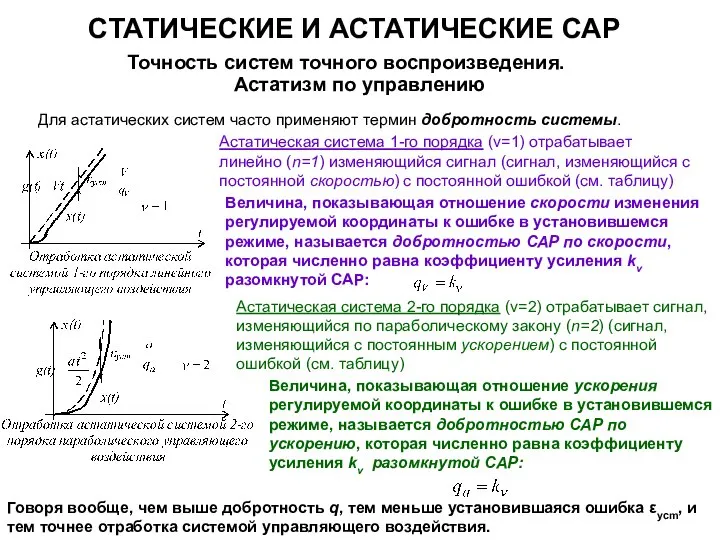 СТАТИЧЕСКИЕ И АСТАТИЧЕСКИЕ САР Точность систем точного воспроизведения. Астатизм по управлению