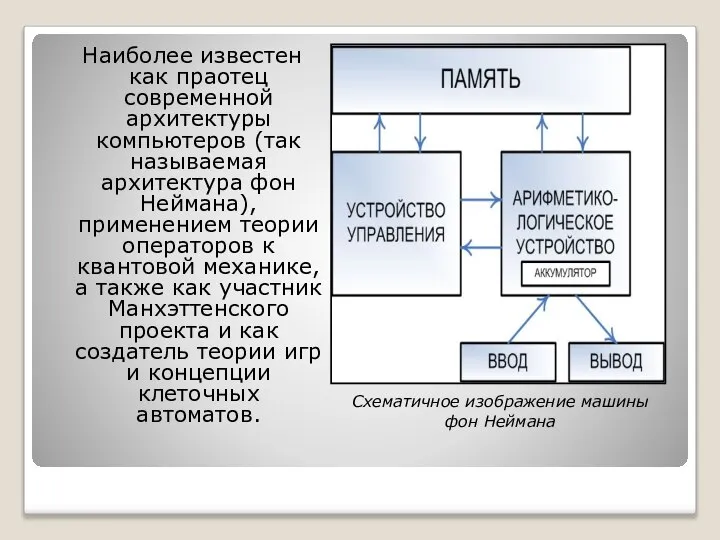 Наиболее известен как праотец современной архитектуры компьютеров (так называемая архитектура фон