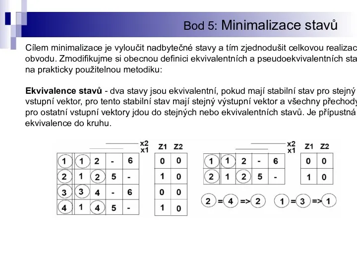 Bod 5: Minimalizace stavů Cílem minimalizace je vyloučit nadbytečné stavy a