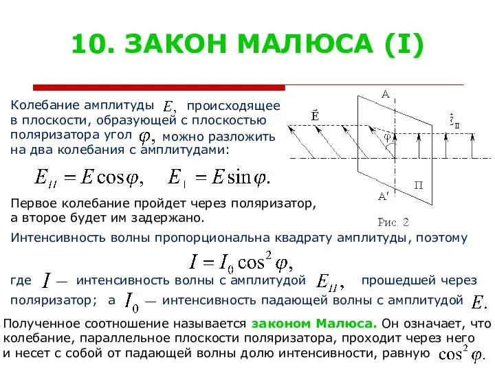 10. ЗАКОН МАЛЮСА (I) Колебание амплитуды в плоскости, образующей с плоскостью