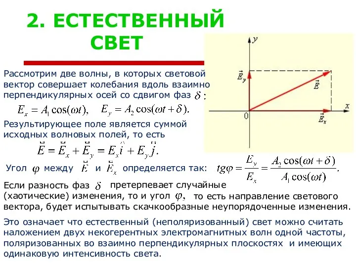 2. ЕСТЕСТВЕННЫЙ СВЕТ Рассмотрим две волны, в которых световой вектор совершает