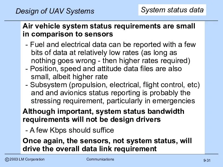 9-31 System status data Air vehicle system status requirements are small