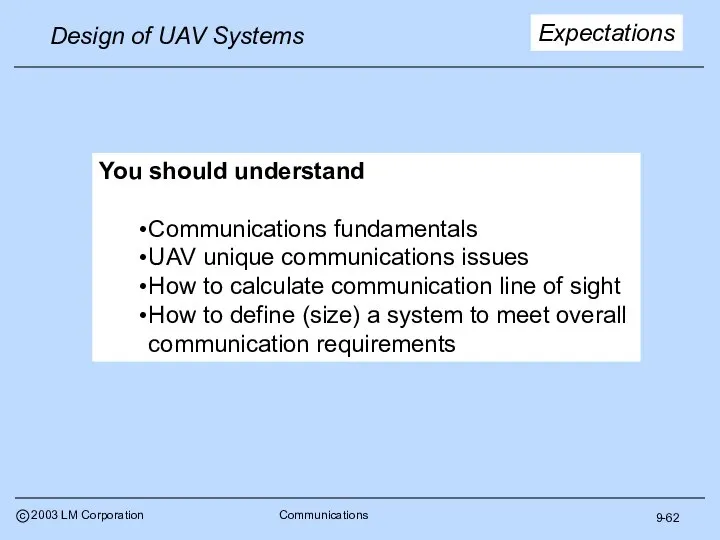 9-62 Expectations You should understand Communications fundamentals UAV unique communications issues