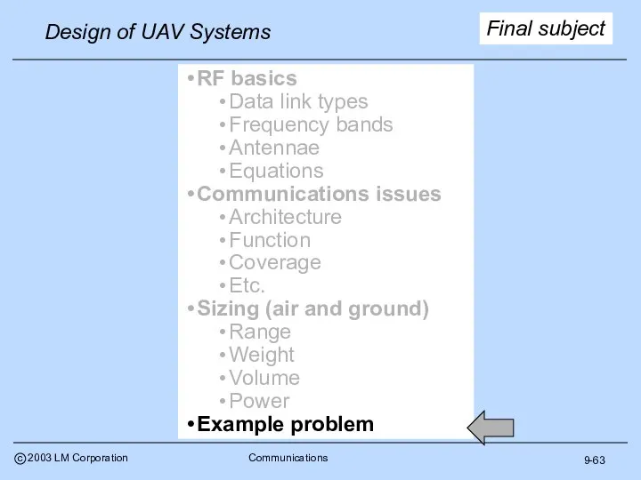 9-63 Final subject RF basics Data link types Frequency bands Antennae