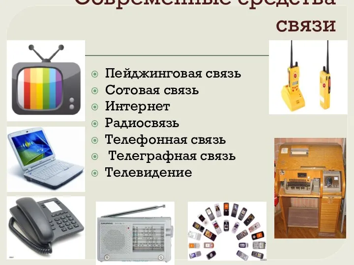 Современные средства связи Пейджинговая связь Сотовая связь Интернет Радиосвязь Телефонная связь Телеграфная связь Телевидение