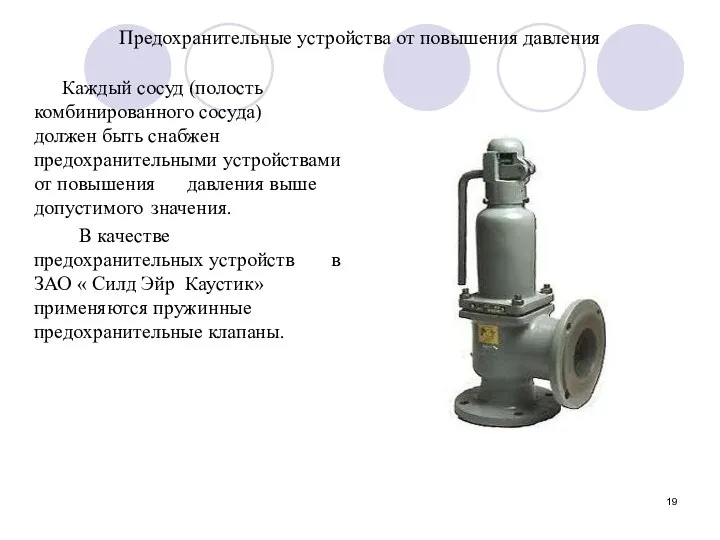 Предохранительные устройства от повышения давления Каждый сосуд (полость комбинированного сосуда) должен