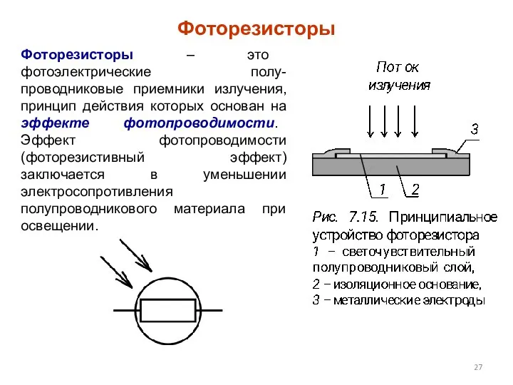 Фоторезисторы Фоторезисторы – это фотоэлектрические полу-проводниковые приемники излучения, принцип действия которых