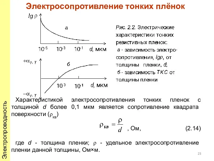 Электросопротивление тонких плёнок Характеристикой электросопротивления тонких пленок с толщиной d более