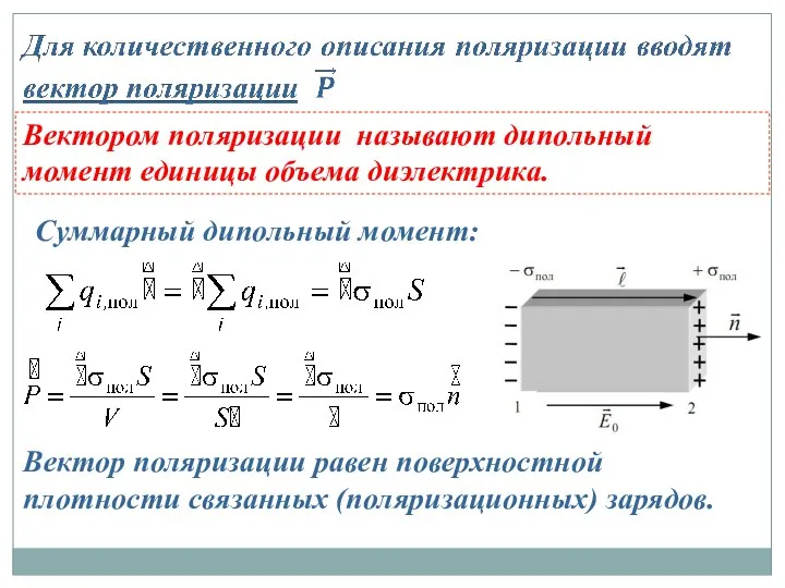 Вектором поляризации называют дипольный момент единицы объема диэлектрика. Суммарный дипольный момент: