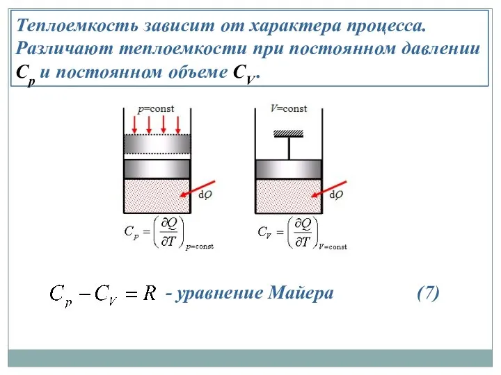 Теплоемкость зависит от характера процесса. Различают теплоемкости при постоянном давлении Cp