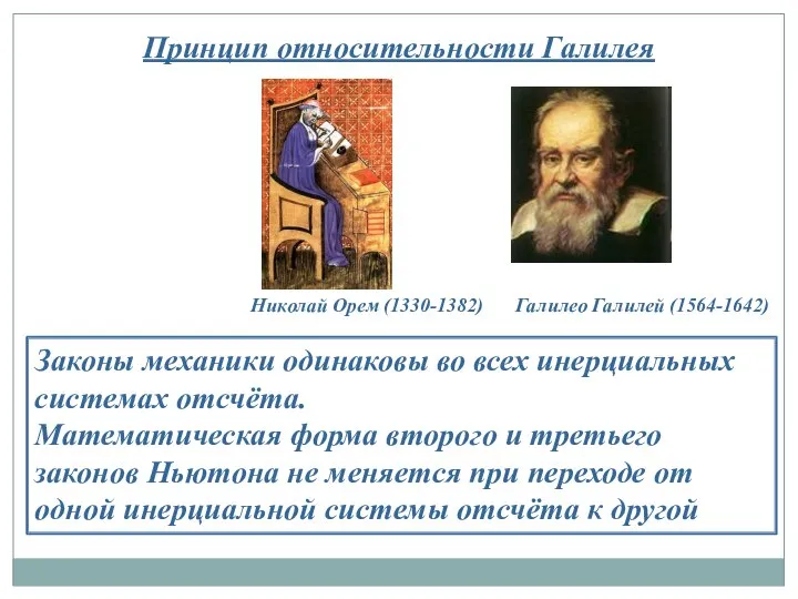 Принцип относительности Галилея Галилео Галилей (1564-1642) Законы механики одинаковы во всех