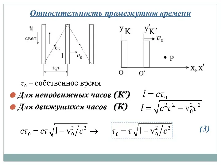 Относительность промежутков времени Для неподвижных часов (К’) Для движущихся часов (К) (3)