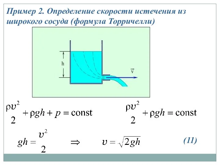 Пример 2. Определение ско­рости истечения из широкого сосуда (формула Торричелли) (11)