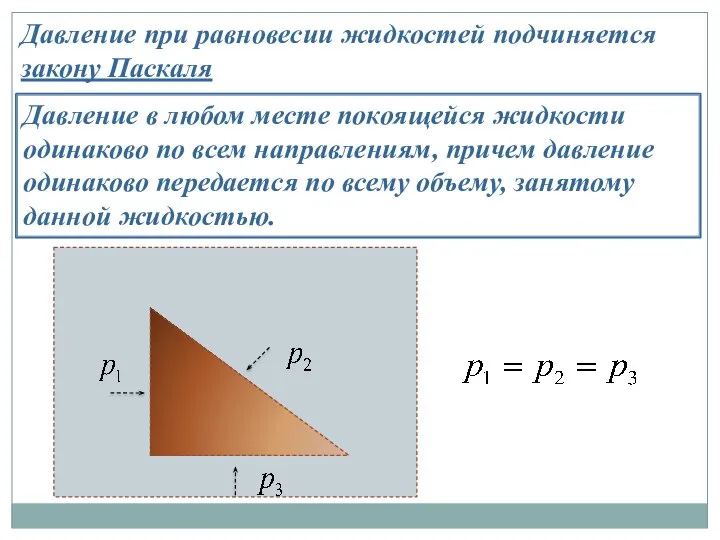 Давление при равновесии жидкостей подчиняется закону Паскаля Давление в любом месте