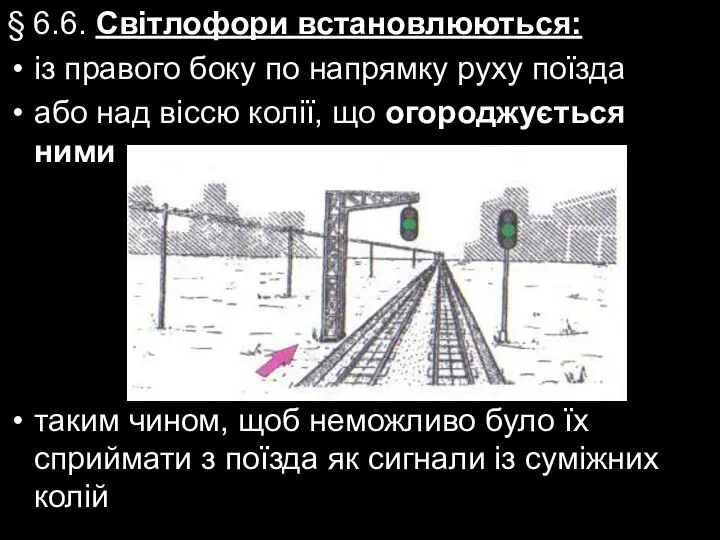 § 6.6. Світлофори встановлюються: із правого боку по напрямку руху поїзда