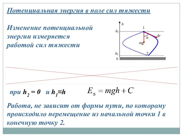 Потенциальная энергия в поле сил тяжести Изменение потенциальной энергии измеряется работой