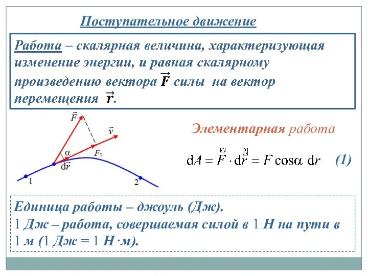 Поступательное движение Элементарная работа Единица работы – джоуль (Дж). 1 Дж