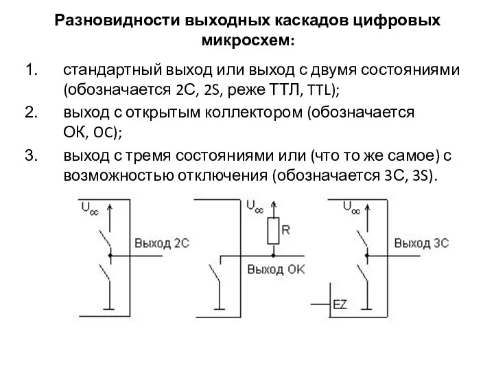 Разновидности выходных каскадов цифровых микросхем: стандартный выход или выход с двумя