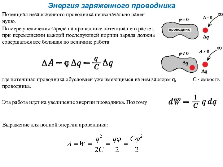 Энергия заряженного проводника Потенциал незаряженного проводника первоначально равен нулю. По мере