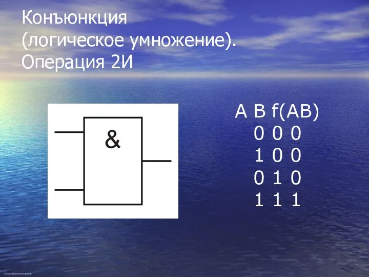 Конъюнкция (логическое умножение). Операция 2И A B f(AB) 0 0 0