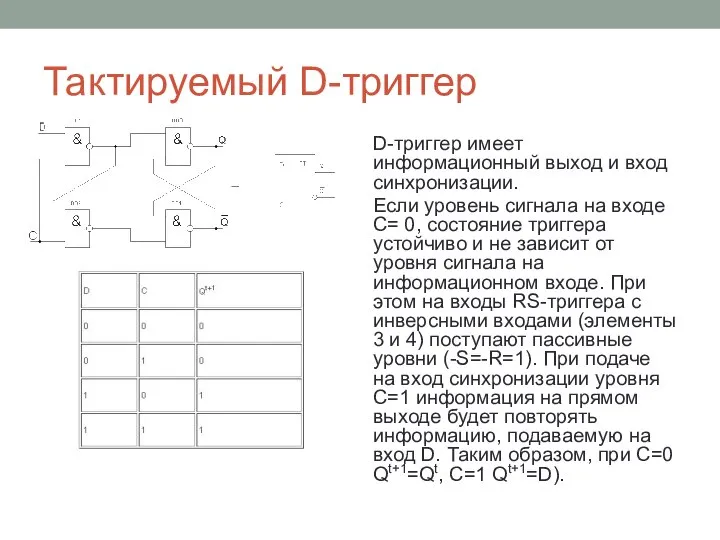 Тактируемый D-триггер D-триггер имеет информационный выход и вход синхронизации. Если уровень